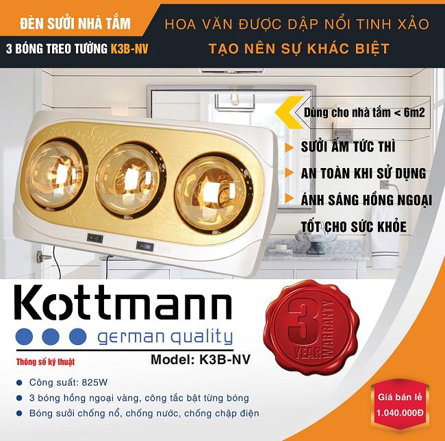 Đèn sưởi nhà tắm 3 bóng treo tường Kottmann K3NV